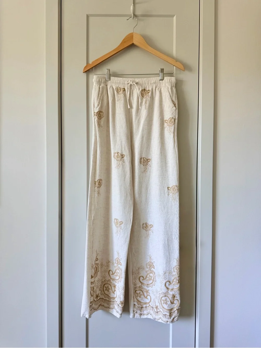 ComfyLuxe Linen Cotton Embroidered Wide Leg Pants Boho Drawstring Pockets M/L
